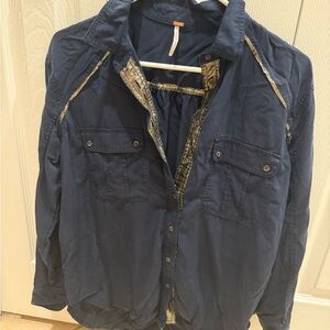 Free People Navy Blue Button-Up Shirt with Gold Accents